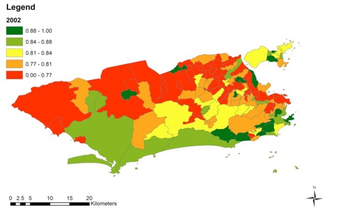 Figura 1B. Distribuição geoespacial dos Índices de Saúde Urbana (UHI) nos bairros do Rio de Janeiro, 2002.