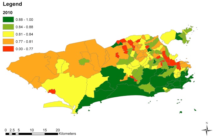 Figura 1A. Distribuição geoespacial dos Índices de Saúde Urbana (UHI) nos bairros do Rio de Janeiro, 2010.