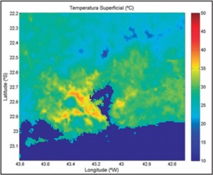 Média da temperatura superficial continental no verão em 13h UTC (10h, horário do Rio)