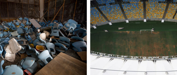 Maracanã, o local onde foram realizadas a abertura e encerramento dos Jogos, em ruínas, com assentos rasgados e revirados e o gramado com manchas marrons. Silvia Izquierdo / Associated Press; Nacho Doce, via Reuters