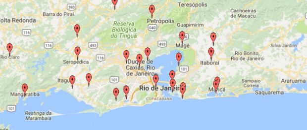 Comunidades na região do Rio de Janeiro incluídas no mapa.