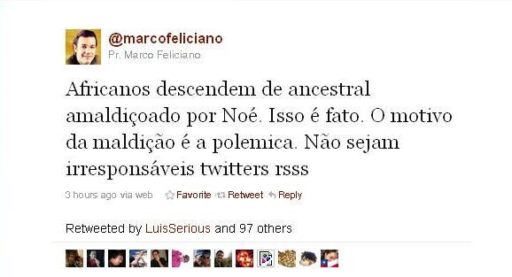 Tweet racista do deputado Marco Feliciano.