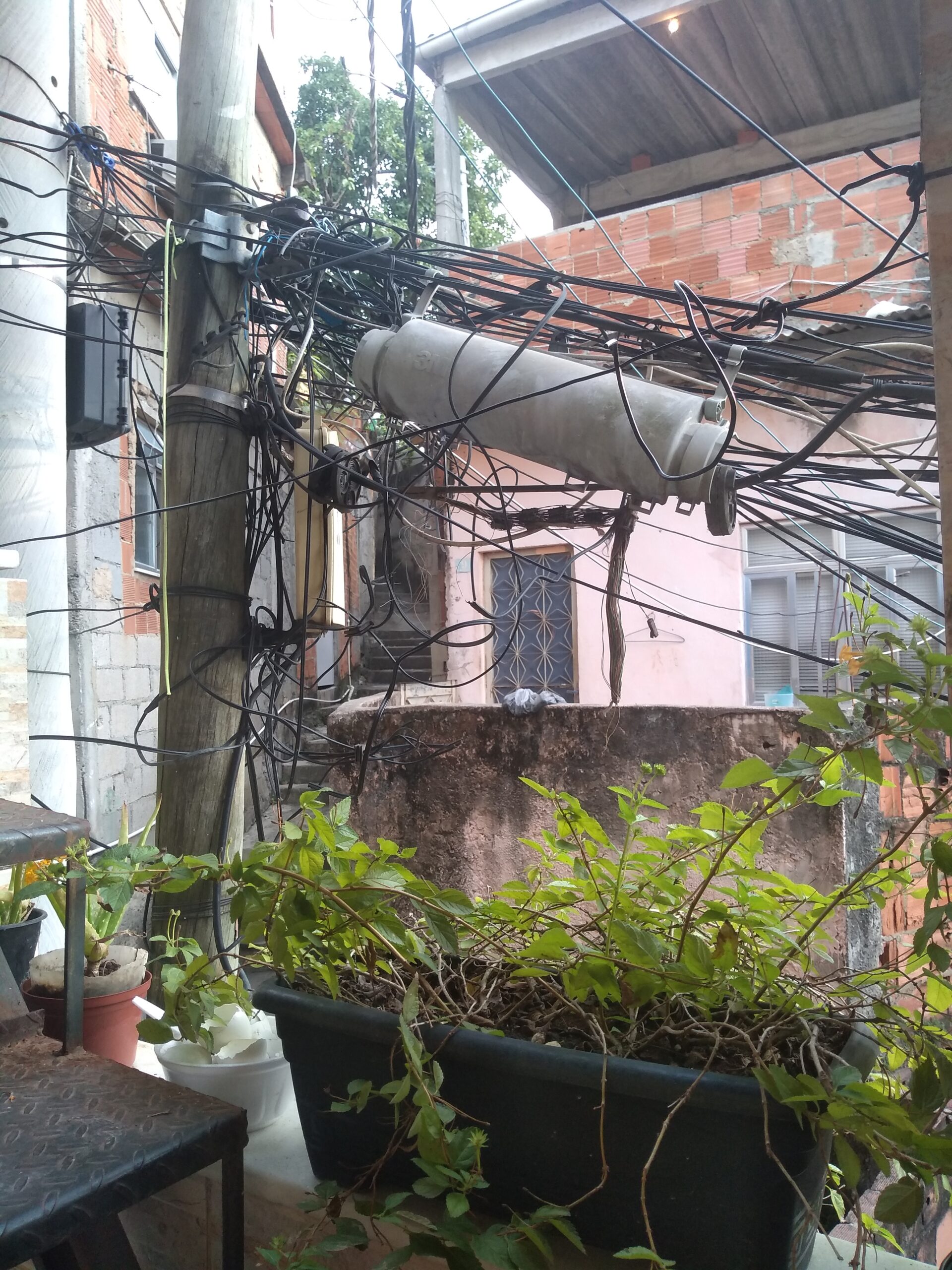 Emaranhado de fios em um tronco de árvore usado como poste bem próximo à casa de moradores, no Morro do Sereno, representa risco de incêndios e choques. Foto por Karina Figueiredo