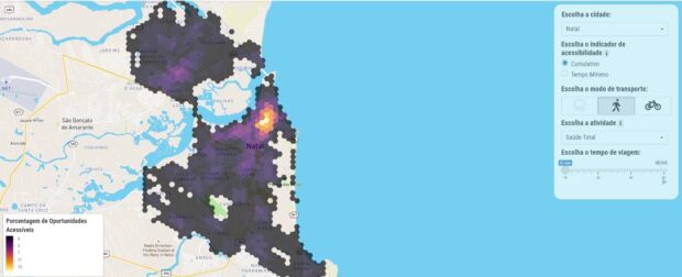 Mapa mostra acesso à instituições de saúde no raio de 15 minutos a pé na cidade de Natal. Fonte: IPEA