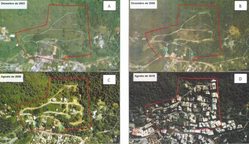 Série de imagens mostra avanço da ocupação na região da Muzema, entre 2003 e 2018, promovido pela especulação imobiliária da milícia.
