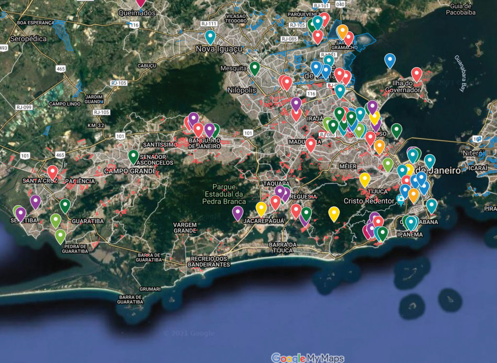 Um mapa de favelas sustentáveis. Dados do mapa ©2021 Google Imagery ©2021 TerraMetrics