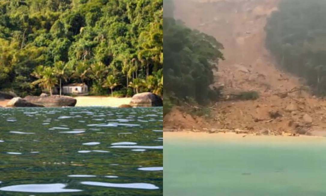 Fotos de antes e depois na Praia de Itaguaçu mostram a destruição causada pela chuva na Ilha Grande e na Costa Verde. Foto: Reprodução