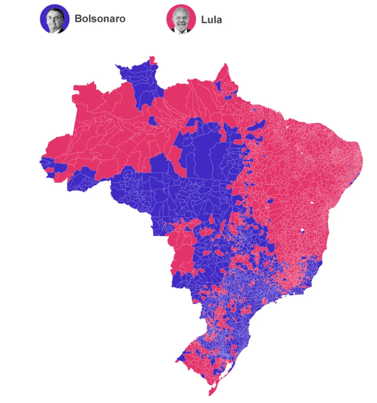 Mapa de votação dos candidatos a presidente por município. O Globo