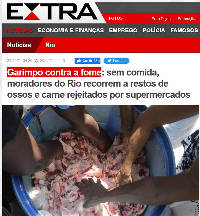 Garipo da fome, reportagem histórica de O Extra sobre o estado de fome da população brasileira nos últimos anos. Reprodução Extra