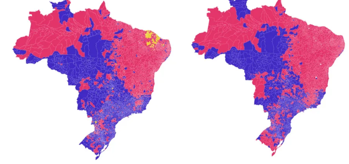 Mapas de votação por município de 2018 e 2022. O Globo