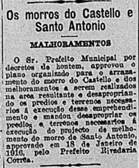 'Os morros do Castello e Santo Antonio - Melhoramentos", no Jornal do Brasil, de 4 de agosto de 1920. Foto: Acervo Jornal do Brasil