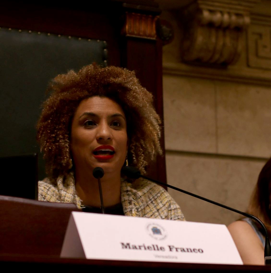 Marielle Franco na Câmara Municipal do Rio de Janeiro durante a Audiência Pública Violência Sexual e Saúde da Mulher em setembro de 2017. Foto: Reprodução Facebook Marielle Franco.
