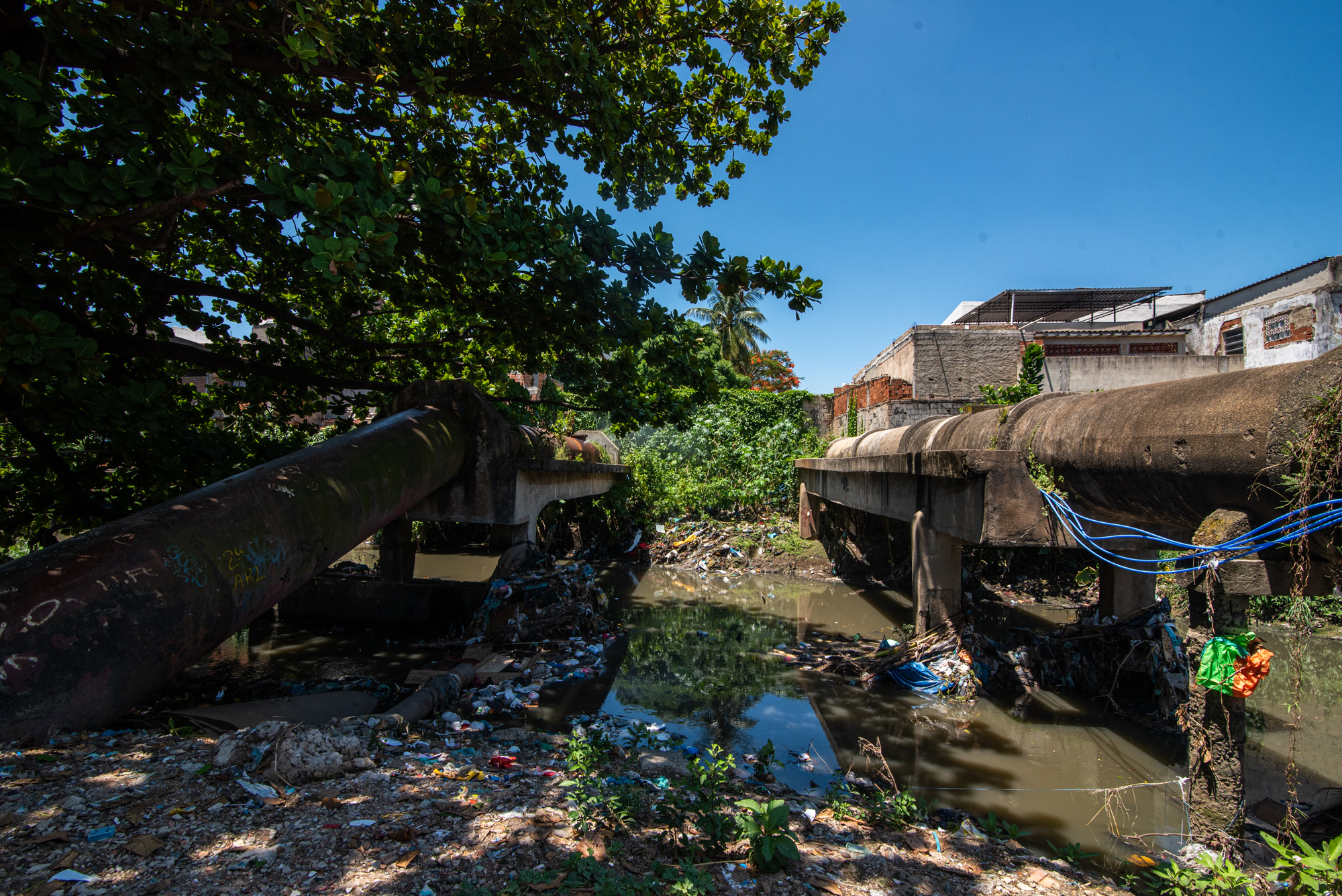 Rio Faria-Timbó completamente assoreado e com muito lixo, revela o abandono do governo ao território das favelas. Foto: Bárbara Dias