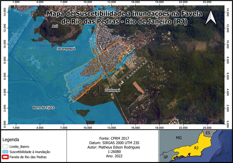 Mapa de suscetibilidade a inundações na favela de Rio das Pedras. Foto: Captura de tela