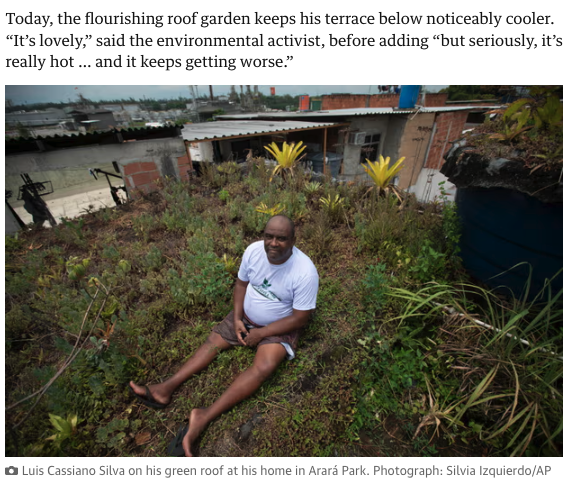 Foto de matéria no The Guardian com legenda "Luis Cassiano Silva no telhado verde de sua casa no Parque Arará". por Silvia Izquierdo do AP