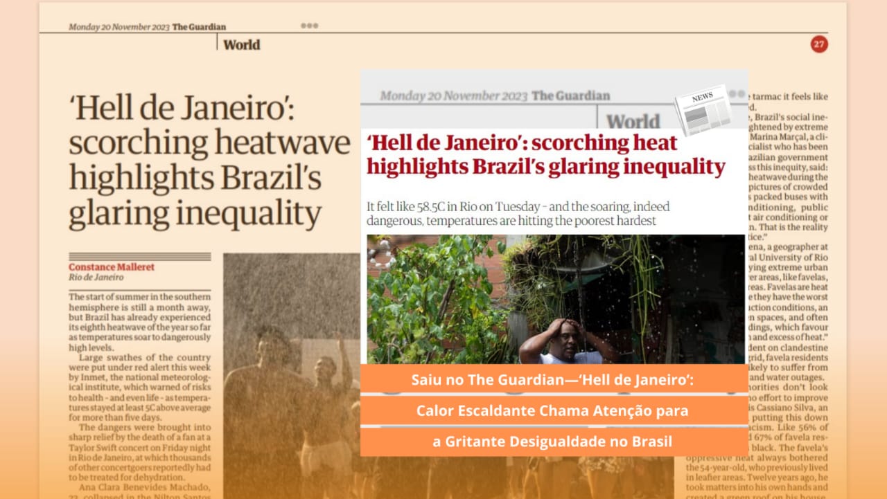 Imagem da matéria no The Guardian com foto legendada “Um homem se refresca na favela Parque Arará, no Rio de Janeiro.” Fotografia: Silvia Izquierdo/AP