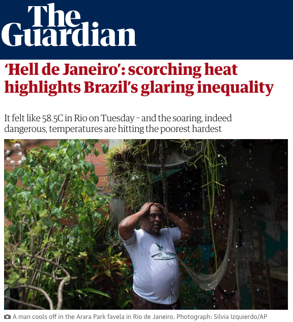 Imagem da matéria no The Guardian com foto legendada "Um homem se refresca na favela Parque Arará, no Rio de Janeiro." Fotografia: Silvia Izquierdo/AP