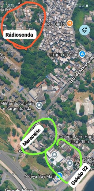 Áreas onde estão localizadas as comunidades que sofrem ameaça de remoção pelo Comando da Aeronáutica. Foto: Google Maps/Reprodução