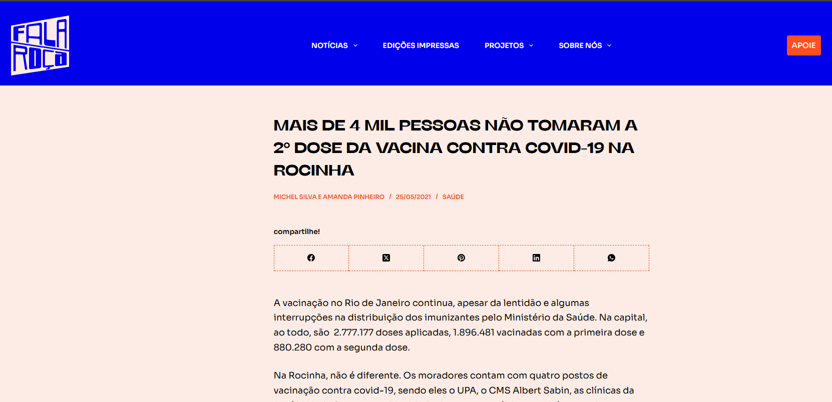 Matéria do Fala Roça denunciou a falta de vacinas na comunidade durante a pandemia do coronavírus. Foto: Reprodução Matéria do Fala Roça denunciou a falta de vacinas na comunidade durante a pandemia do coronavírus. Foto: Reprodução