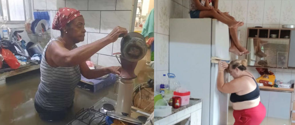 Janeiro de 2024 ou Fevereiro de 2026? À esquerda, Dona Norma de Morais, 70, observa sua casa alagada, à direita Ana Manso, em Anchieta, coloca as filhas sobre a geladeira. Foto: Montagem RioOnWatch