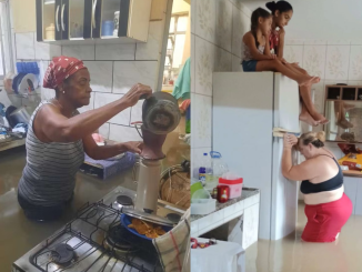 Janeiro de 2024 ou Fevereiro de 2026? À esquerda, Dona Norma de Morais, 70, observa sua casa alagada, à direita Ana Manso, em Anchieta, coloca as filhas sobre a geladeira. Foto: Montagem RioOnWatch