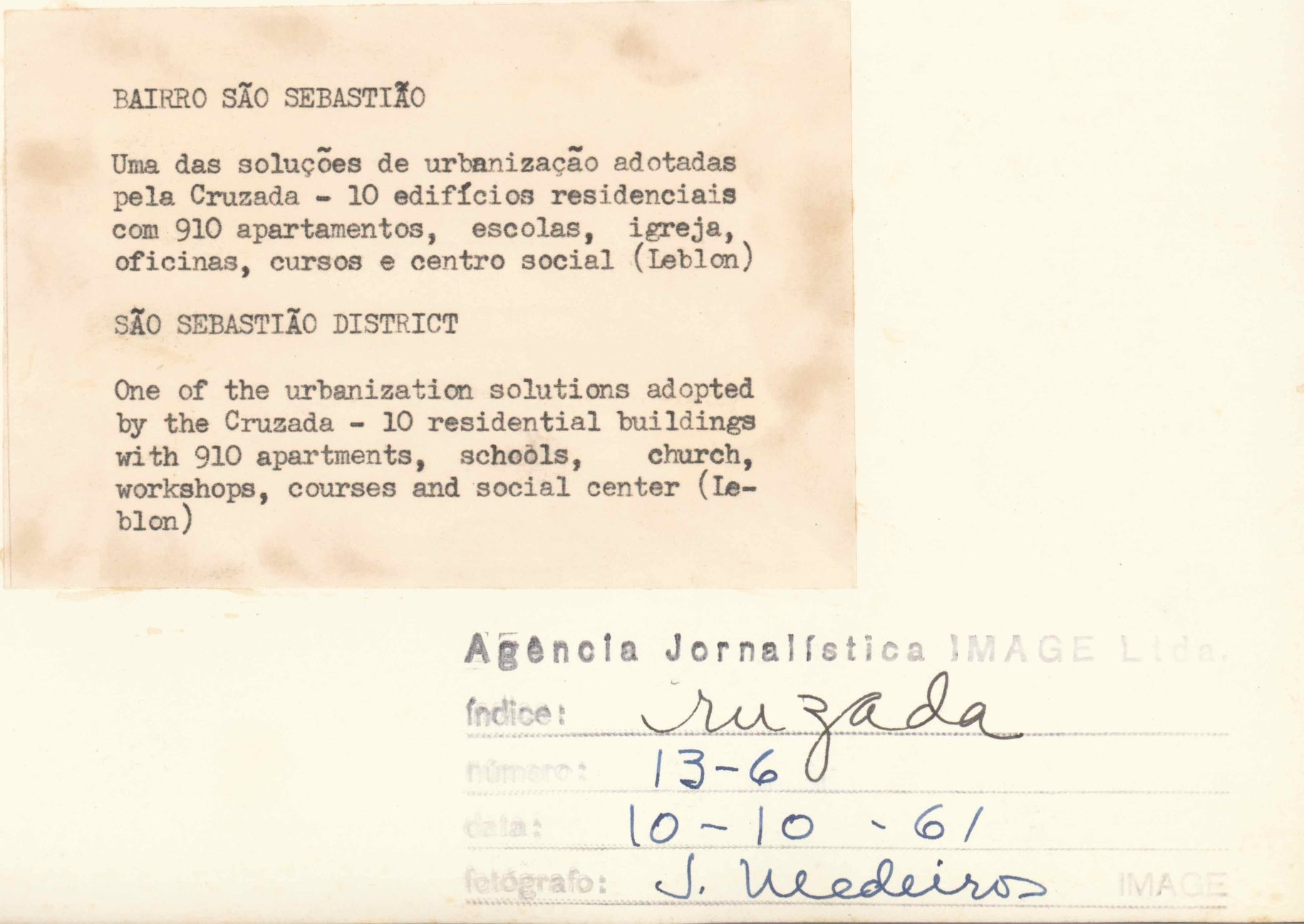 Documento sobre o bairro São Sebastião. Fonte: Núcleo de Memória da PUC-Rio Documento sobre o bairro São Sebastião. Fonte: Núcleo de Memória da PUC-Rio