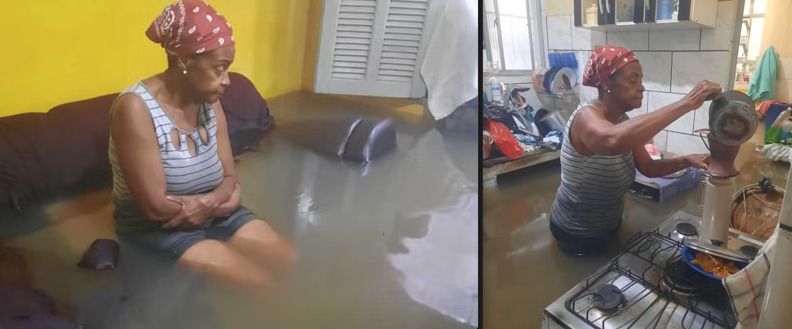 Norma de Morais, 70 anos, idosa aposentada moradora do Jardim América, na Zona Norte do Rio de Janeiro, senta-se sozinha em seu sofá, observando a destruição deixada em sua sala após a enchente de janeiro de 2024. Em seguida, tenta agir normalmente em sua cozinha, apesar da água contaminada que chega à altura da cintura. Com a intensificação das mudanças climáticas, cenas como essa estão se tornando cada vez mais comuns, afetando de forma desproporcional as comunidades mais vulneráveis do mundo. Fonte da Foto: Arquivo Pessoal Norma de Morais, 70 anos, idosa aposentada moradora do Jardim América, na Zona Norte do Rio de Janeiro, senta-se sozinha em seu sofá, observando a destruição deixada em sua sala após a enchente de janeiro de 2024. Em seguida, tenta agir normalmente em sua cozinha, apesar da água contaminada que chega à altura da cintura. Com a intensificação das mudanças climáticas, cenas como essa estão se tornando cada vez mais comuns, afetando de forma desproporcional as comunidades mais vulneráveis do mundo. Fonte da Foto: Arquivo Pessoal