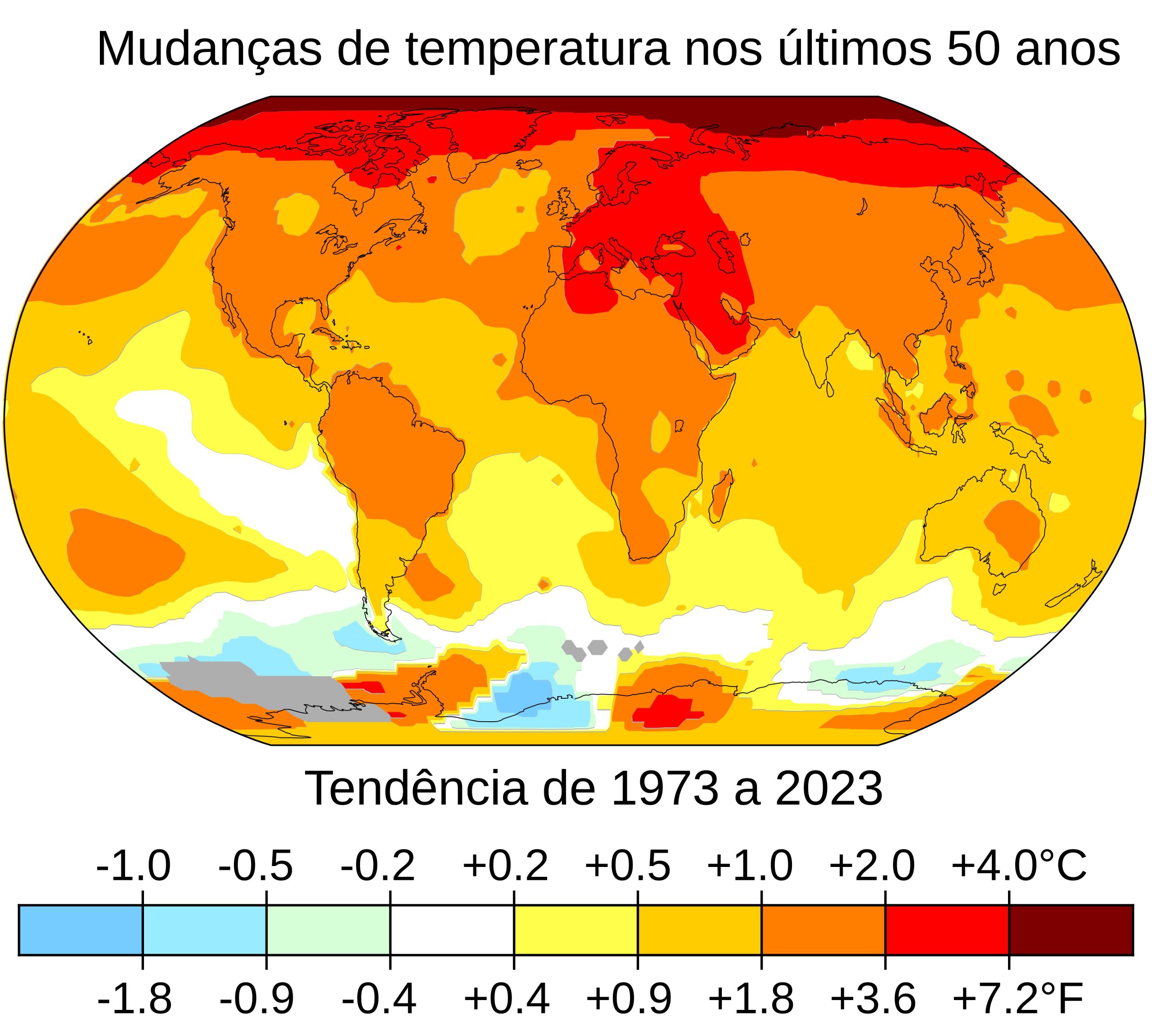 Anomalias na temperatura da superfície global entre 1973 e 2023 mostram um aquecimento generalizado em quase todas as regiões do planeta. Visualização: NASA Scientific Visualization Studio. Legenda e Título: Eric Fisk. Fonte: Wikimedia Commons. Anomalias na temperatura da superfície global entre 1973 e 2023 mostram um aquecimento generalizado em quase todas as regiões do planeta. Visualização: NASA Scientific Visualization Studio. Legenda e Título: Eric Fisk. Fonte: Wikimedia Commons.