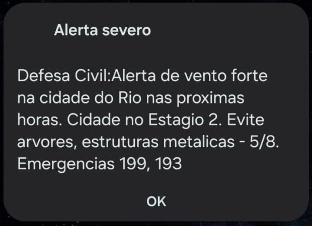 Alerta da Defesa Civil enviado na madrugada do dia 5 de agosto. Foto: Reprodução Alerta da Defesa Civil enviado na madrugada do dia 5 de agosto. Foto: Reprodução