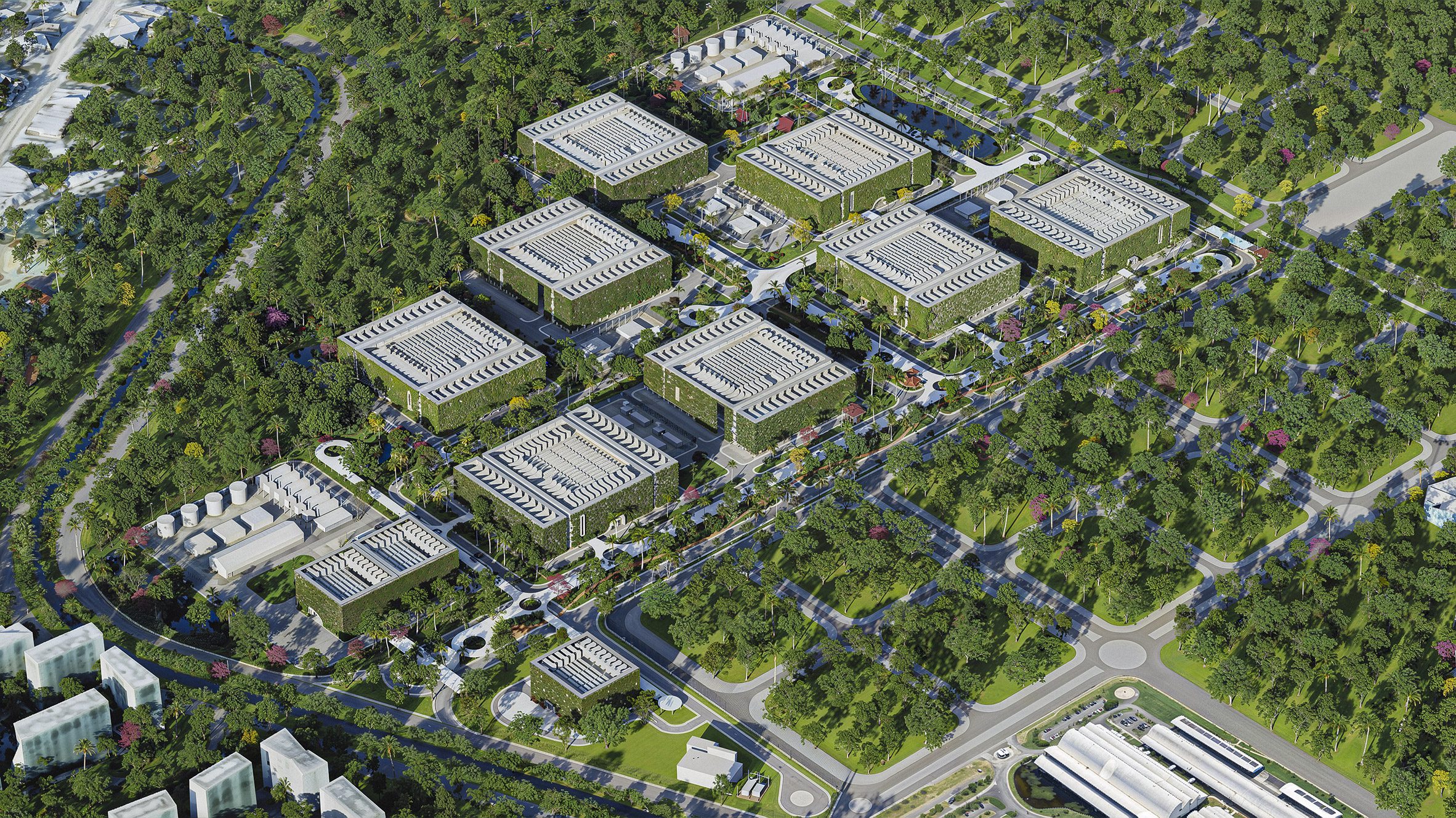 O projeto Rio AI City se diz sustentável: "uma abordagem fundamentada na realidade local transforma o data center em um campus aberto e multifuncional, que reflete a dinâmica cultura carioca, a forte identidade local e a riqueza ambiental do Brasil", segundo Hyphen, estúdio de arquitetura internacional que desenvolveu o projeto. O projeto Rio AI City se diz sustentável: "uma abordagem fundamentada na realidade local transforma o data center em um campus aberto e multifuncional, que reflete a dinâmica cultura carioca, a forte identidade local e a riqueza ambiental do Brasil", segundo Hyphen, estúdio de arquitetura internacional que desenvolveu o projeto.