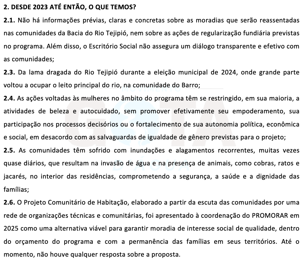 Trecho da Carta Denúncia de Moradores residentes próximos ao Rio Tejipió. Trecho da Carta Denúncia de Moradores residentes próximos ao Rio Tejipió.